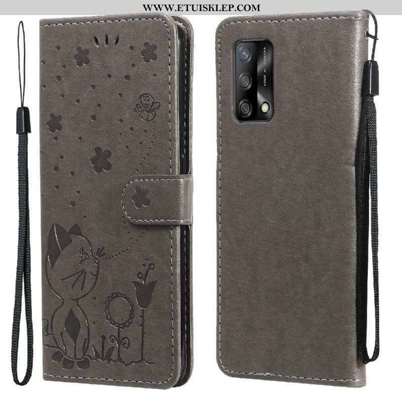 Etui Folio do Oppo A74 4G z Łańcuch Kot I Pszczoła Z Smyczą